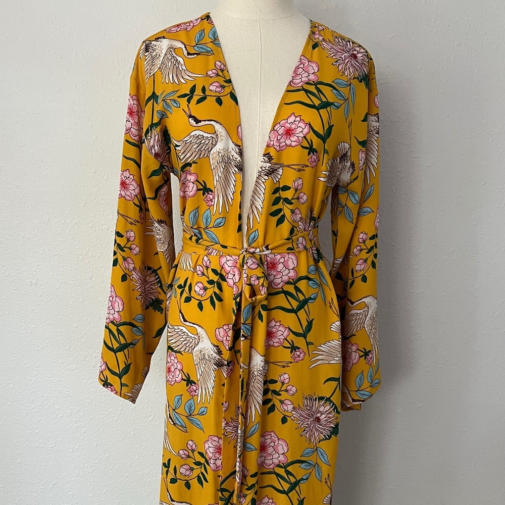 Band of Gypsies Yellow Floral Crane Bird  Kimono XS Extra Small